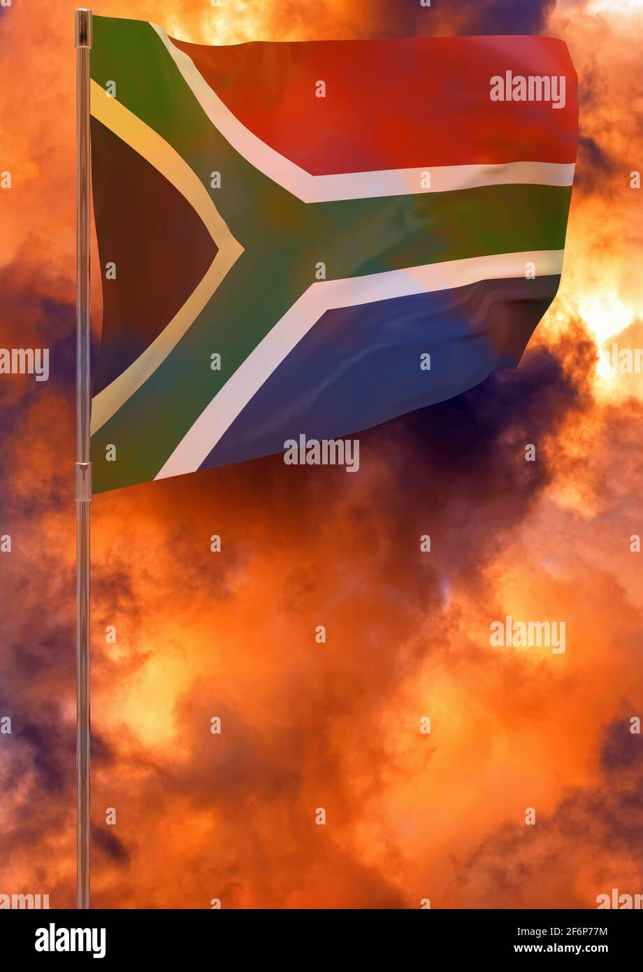 South Africa flag with sky background. Waving banner. National flag of