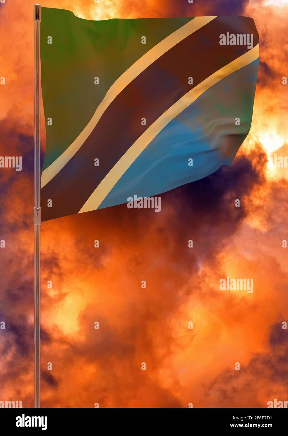 Tanzania flag with sky background. Waving banner. National flag of