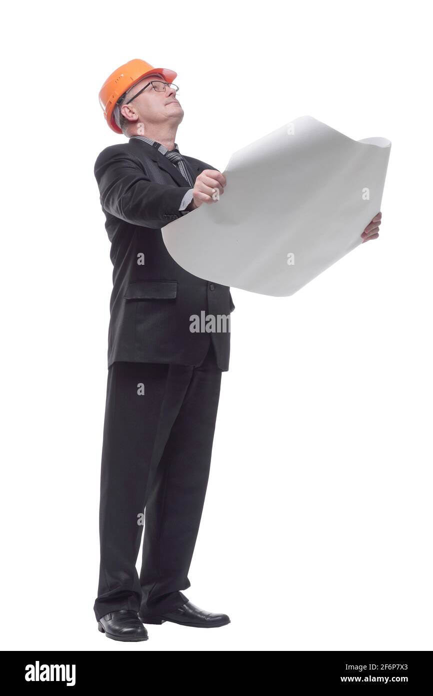 Confident architect wearing glasses looking at blueprints Stock Photo