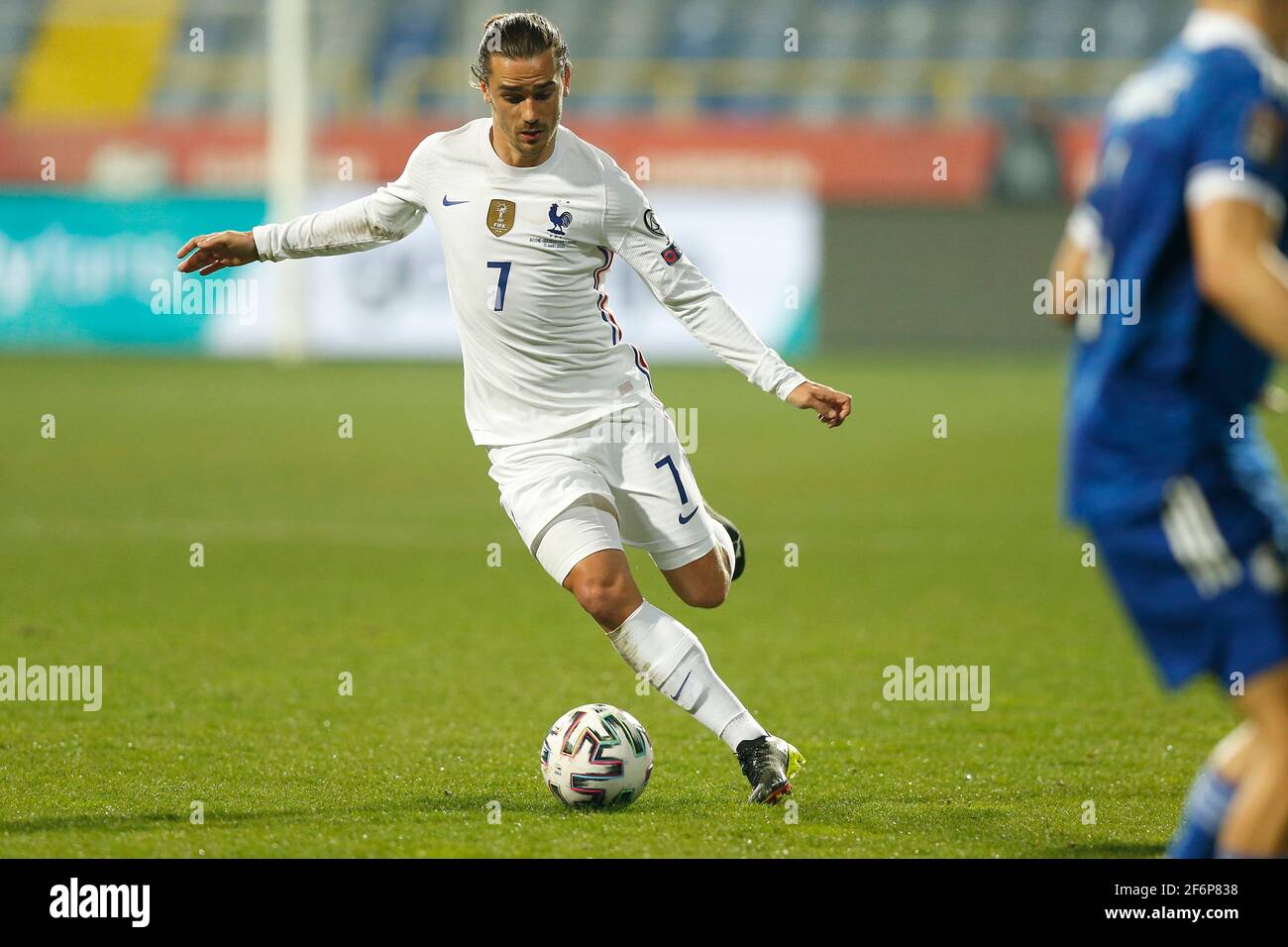 France player Antoine Griezmann  control ball  during  World Cup 2022 group B qualifying soccer match between Bosnia and France  at Stadium Grbavica i Stock Photo