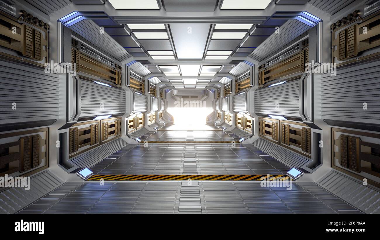 Futuristic Architecture Sci-Fi Hallway and Corridor Interior, 3D Rendering Stock Photo