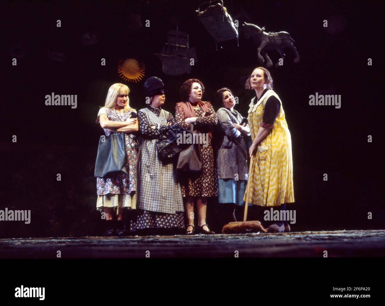 l-r: Sian Rivers, Beth Morris, Di Botcher, Ruth Jones, Shirley King (Mrs Organ Morgan) in UNDER MILK WOOD by Dylan Thomas at the Olivier Theatre, National Theatre (NT), London SE1  13/04/1995 music: Dominic Muldowney  design: William Dudley  lighting: Rick Fisher  director: Roger Michell Stock Photo