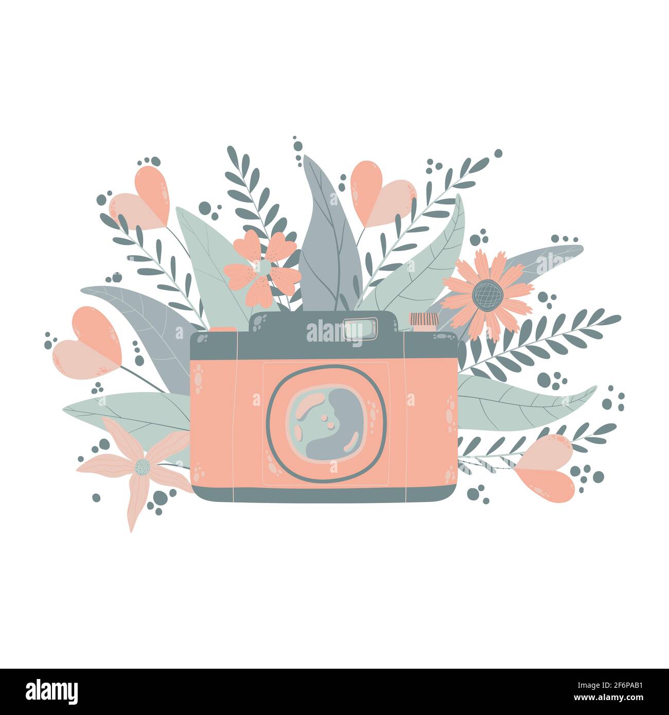 Cute colorful retro photo camera with fllowers in flat cartoon style. Vector hand drawn camera with floral illustration with pastels colors. Isolated Stock Vector