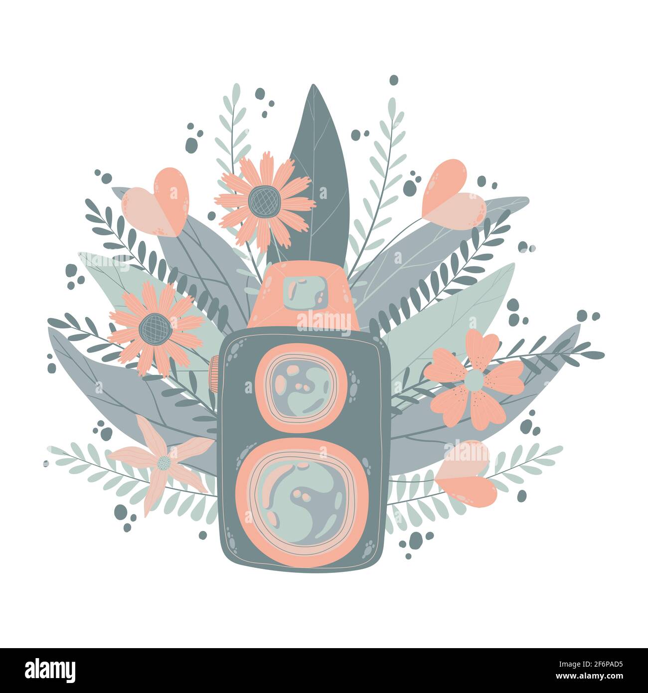 Cute colorful retro photo camera with fllowers in flat cartoon style. Vector hand drawn camera with floral illustration with pastels colors. Isolated Stock Vector