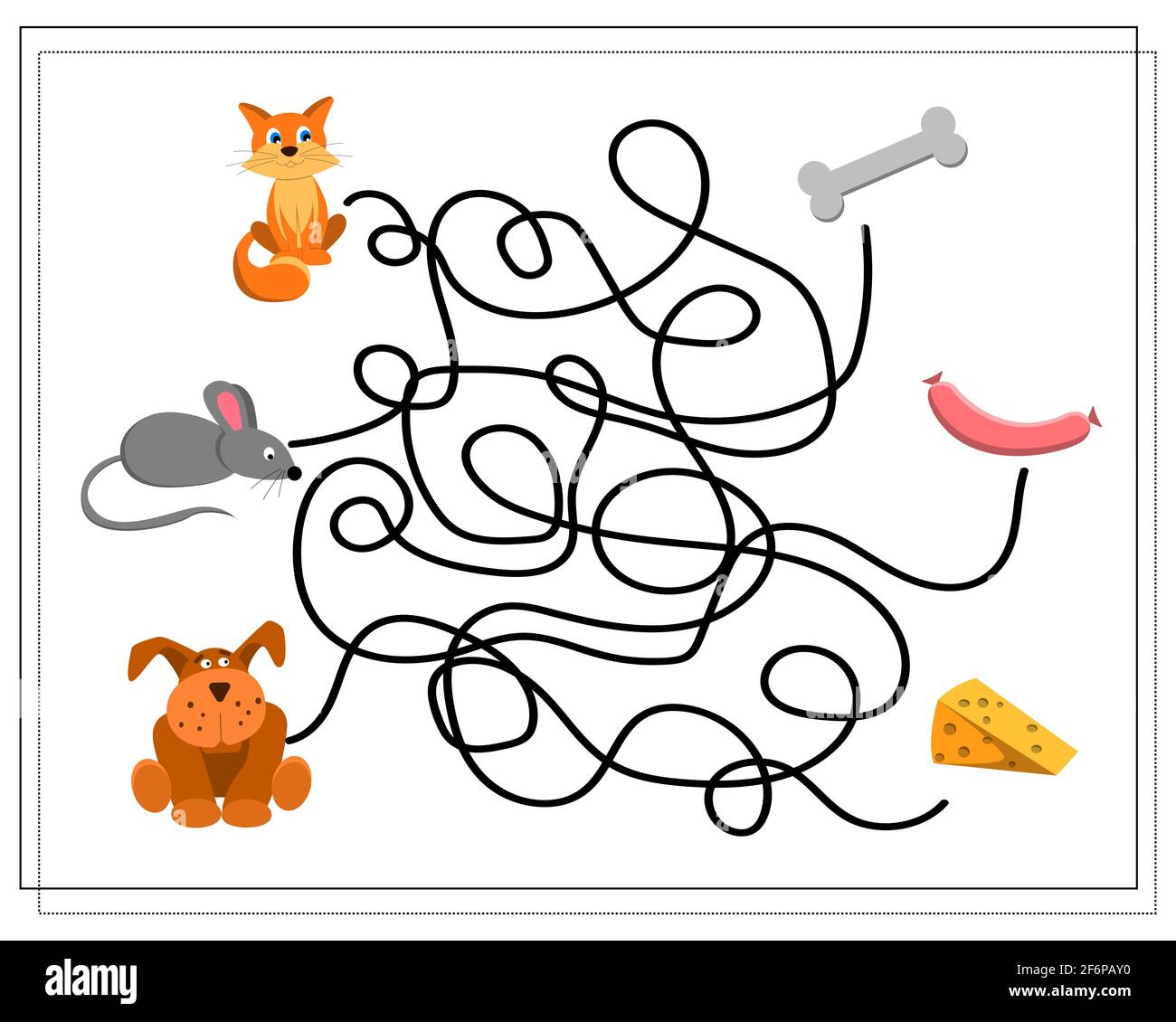 A maze game for kids. where is whose food. guide the cat, dog, mouse