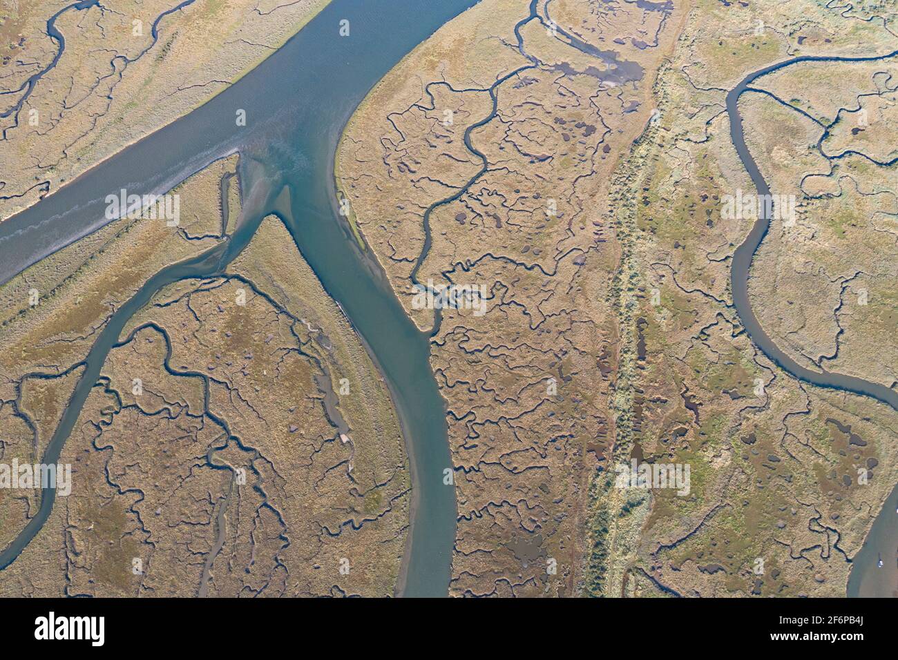 Aerial view of tidal creeks and saltmarsh at Scolt Head Island, North Norfolk Stock Photo