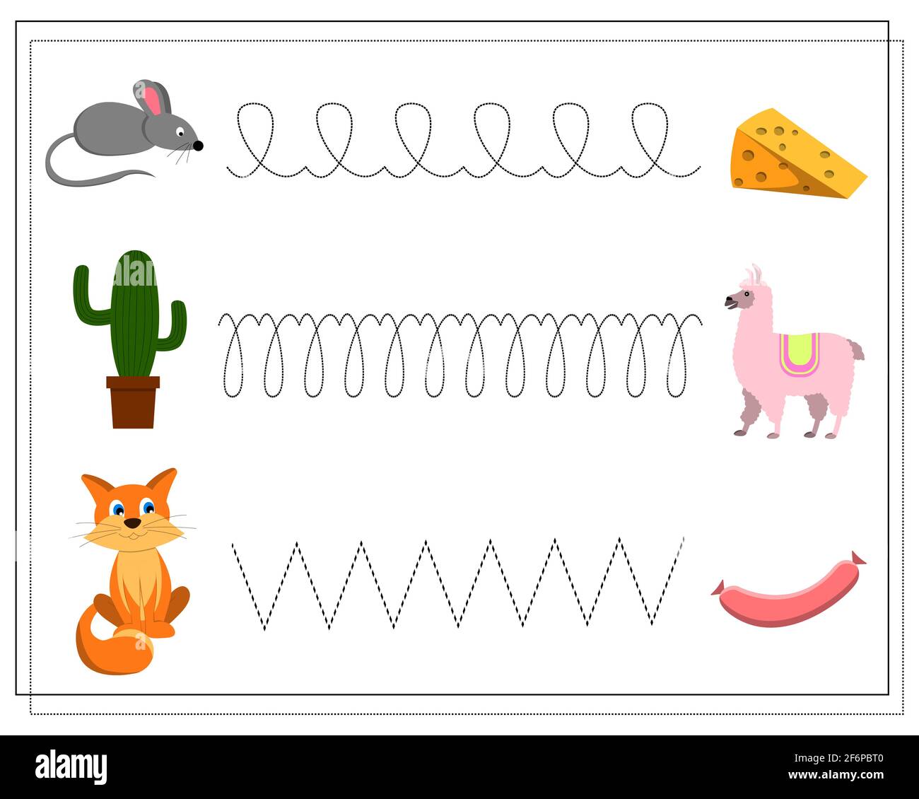 Practice your handwriting, draw a line. Cartoon animals mouse, llama, cat.  animal food, cheese, cactus, sausage. Vector isolated on a white background  Stock Vector Image & Art - Alamy
