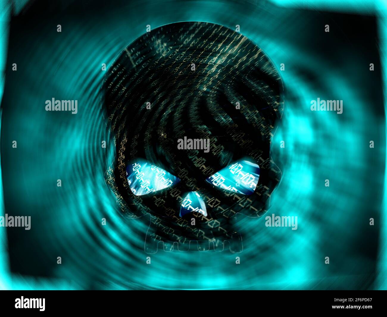 Black Pirate Skull with binary number across it, with warped swirling blue background Stock Photo