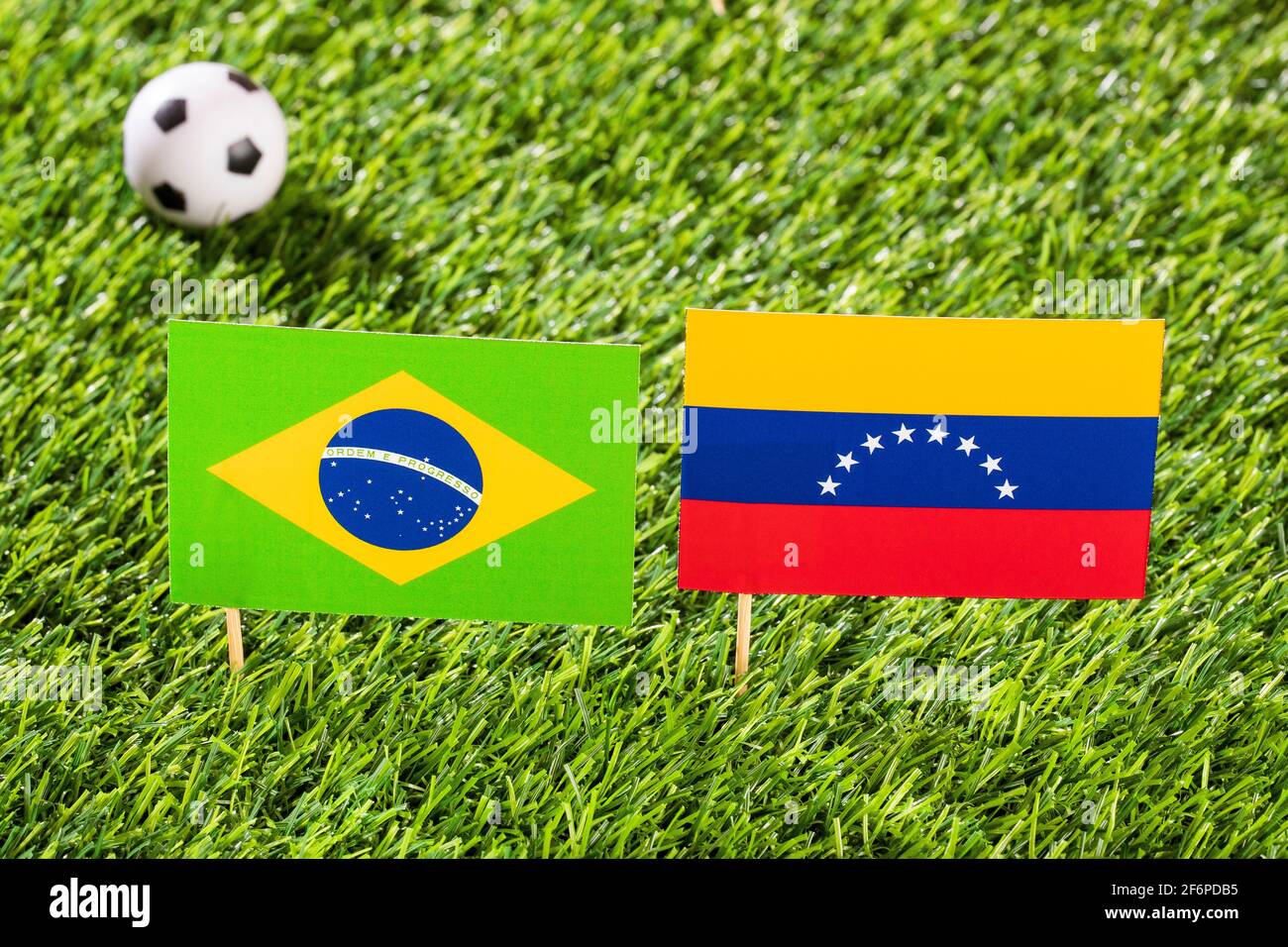 Flag of Brazil and Venezuela in the football stadium - Cup America football match conmebol Brazil 2019. Stock Photo