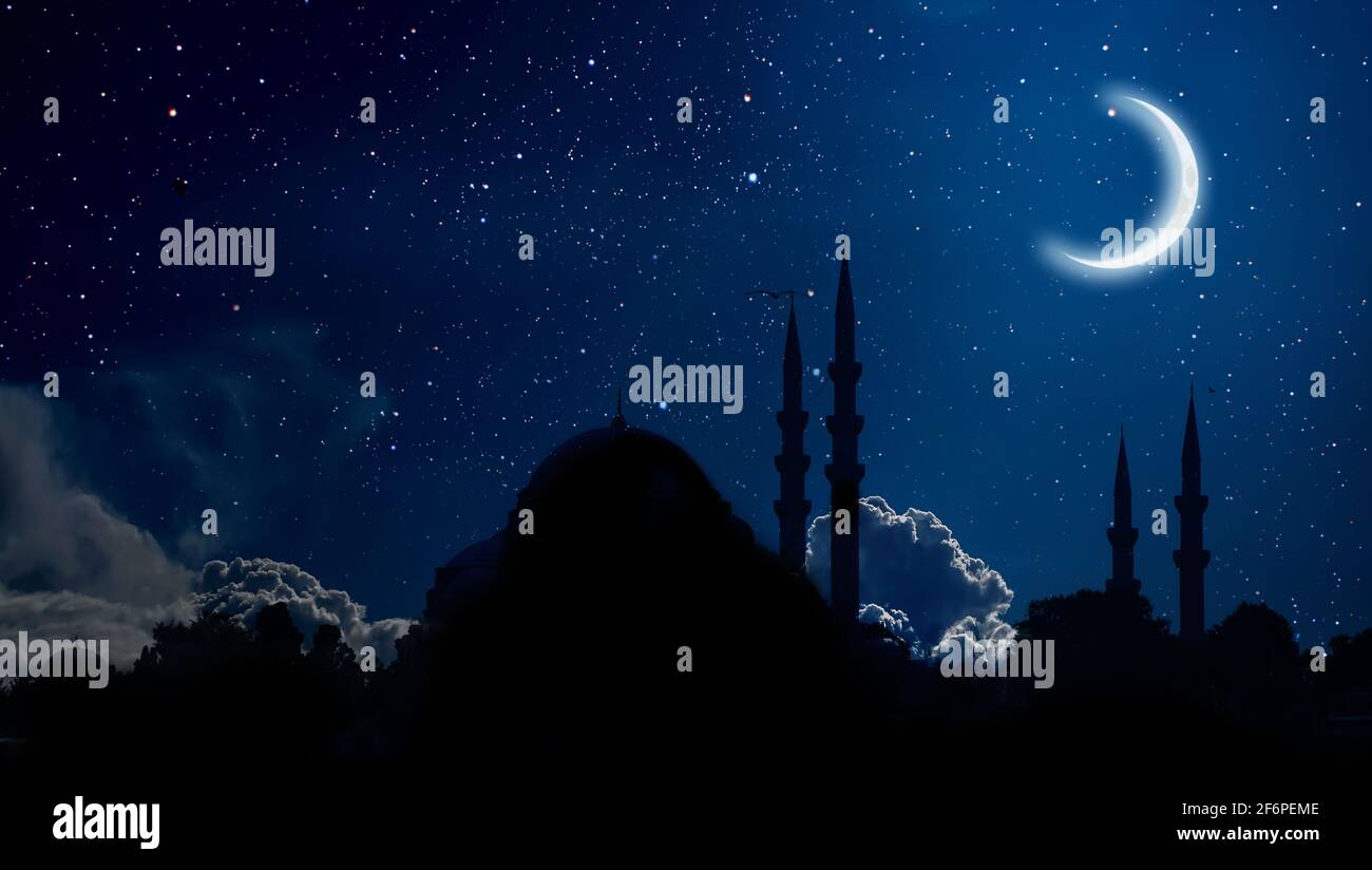Ramadan Kareem background. Mosque silhouette in night sky with crescent ...