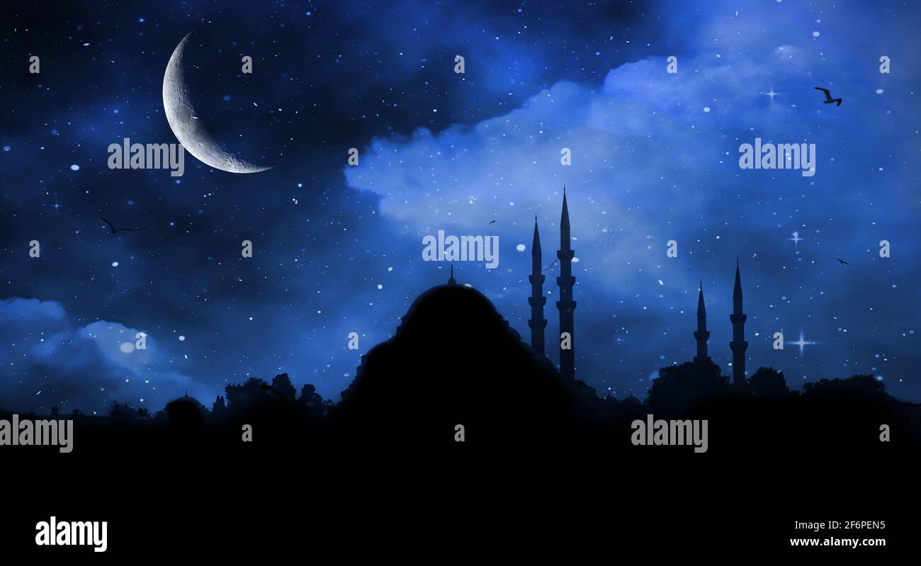 Ramadan Kareem background. Mosque silhouette in night sky with crescent ...