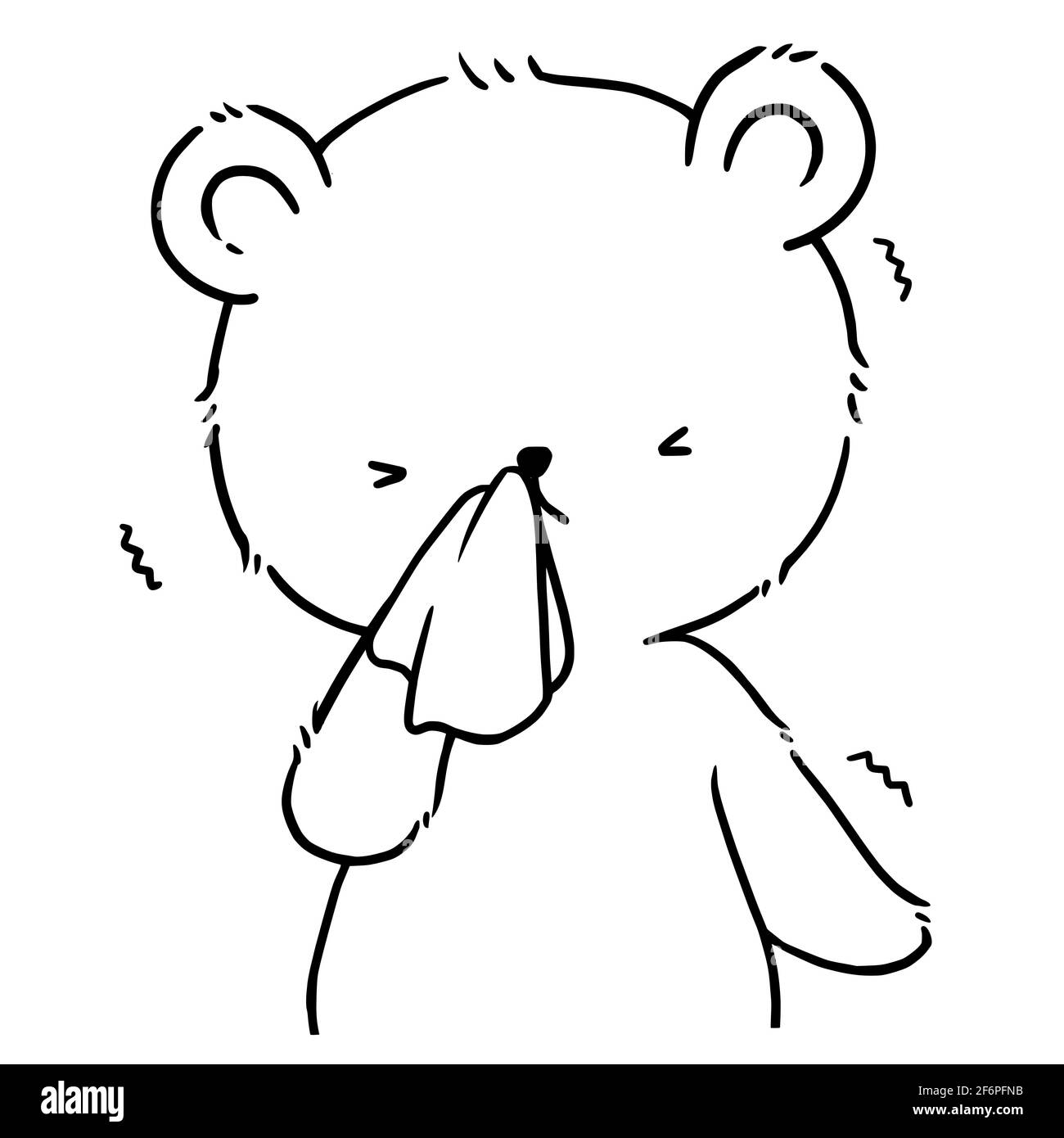 The bear chills and has a cold. He holds a handkerchief, wipes his runny nose. Cartoon character illustration for decoration in pet advertising Stock Photo
