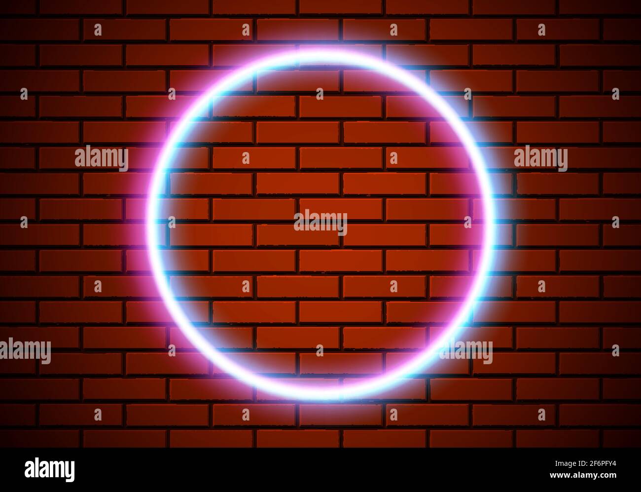 Neon frame with circle shape on the red brick wall. Classic round 80s ...