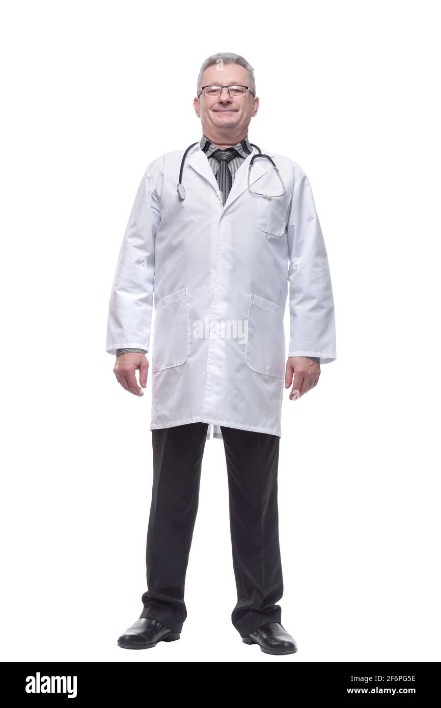 Handsome confident male doctor or surgeon standing in a white coat with a tie and a stethoscope around his neck Stock Photo