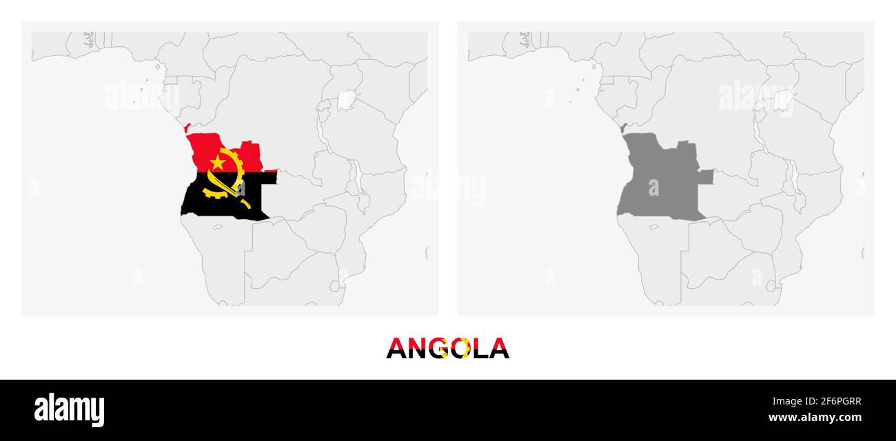 Two versions of the map of Angola, with the flag of Angola and highlighted in dark grey. Vector map. Stock Vector