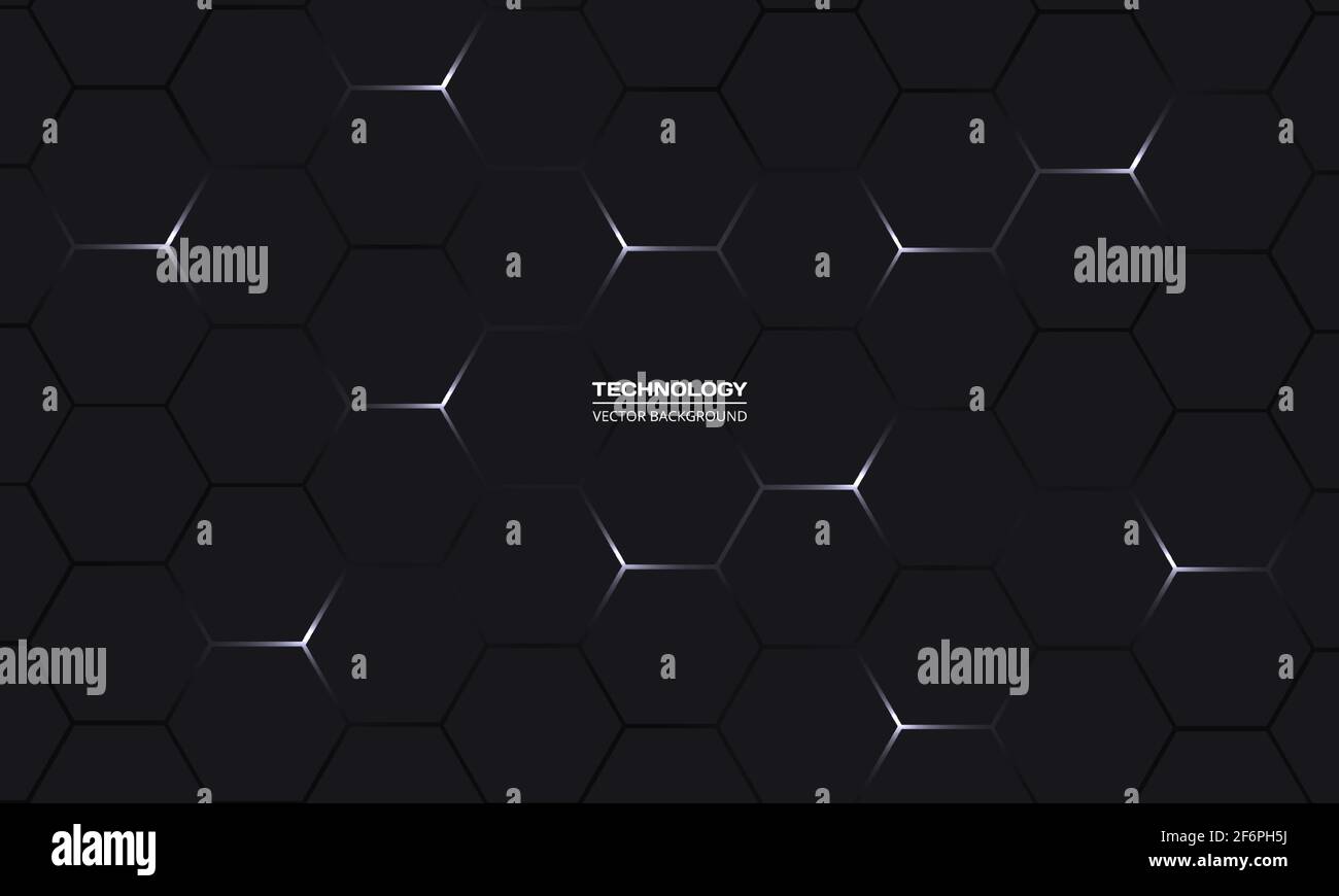 Black hexagonal technology vector abstract background. White bright ...