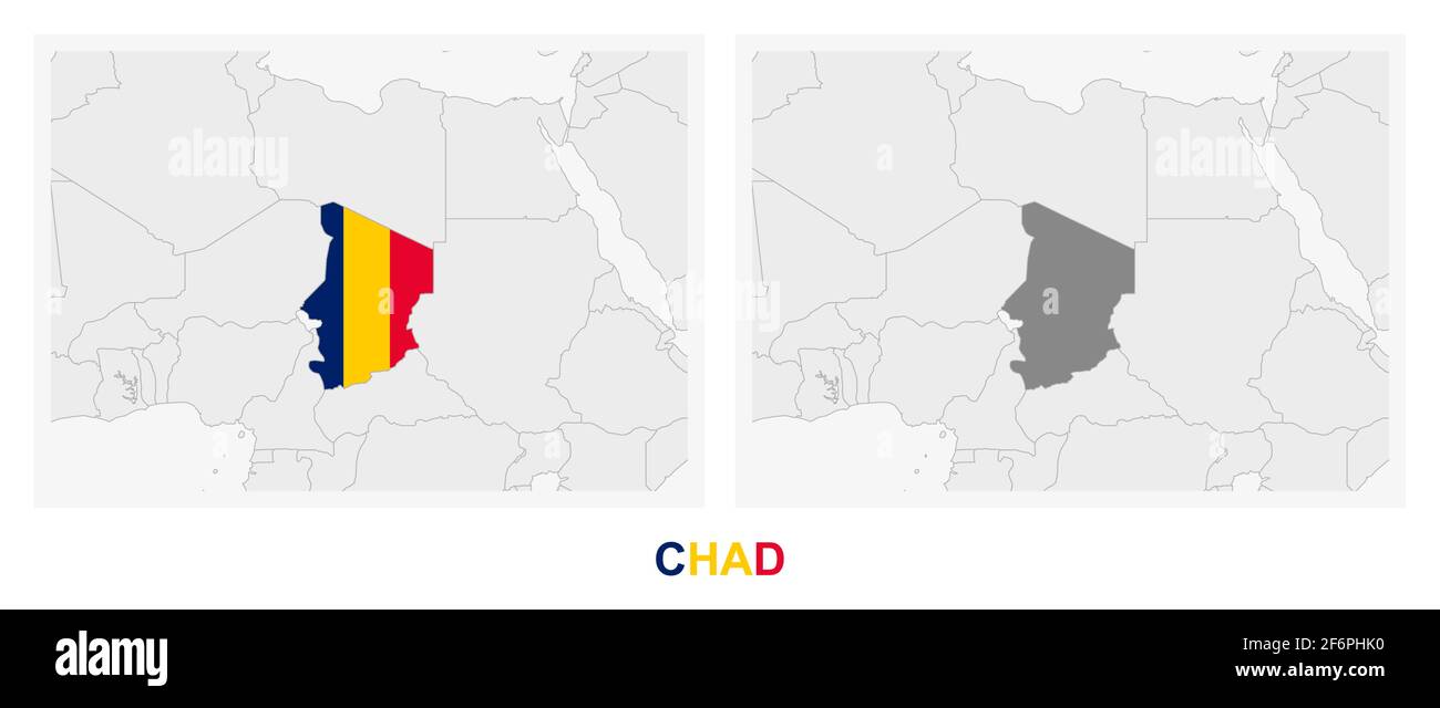Two versions of the map of Chad, with the flag of Chad and highlighted ...