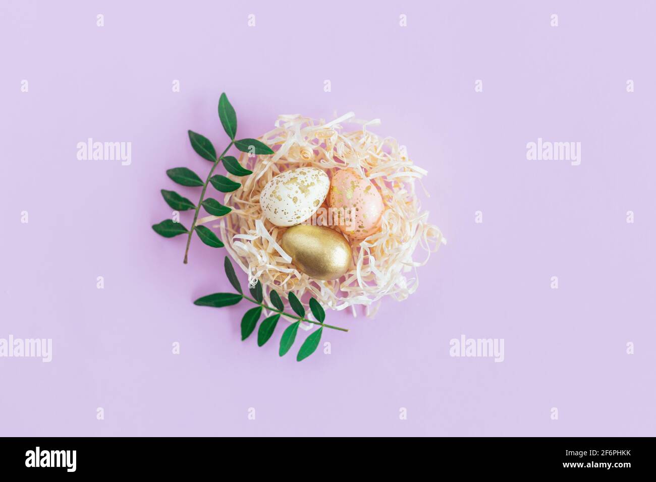 Easter background with eggs in a nest and green leaves. Pastel colors ...