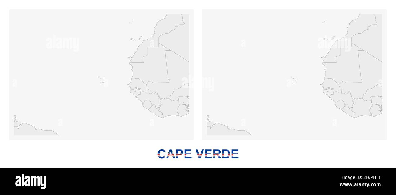Two versions of the map of Cape Verde, with the flag of Cape Verde and highlighted in dark grey. Vector map. Stock Vector