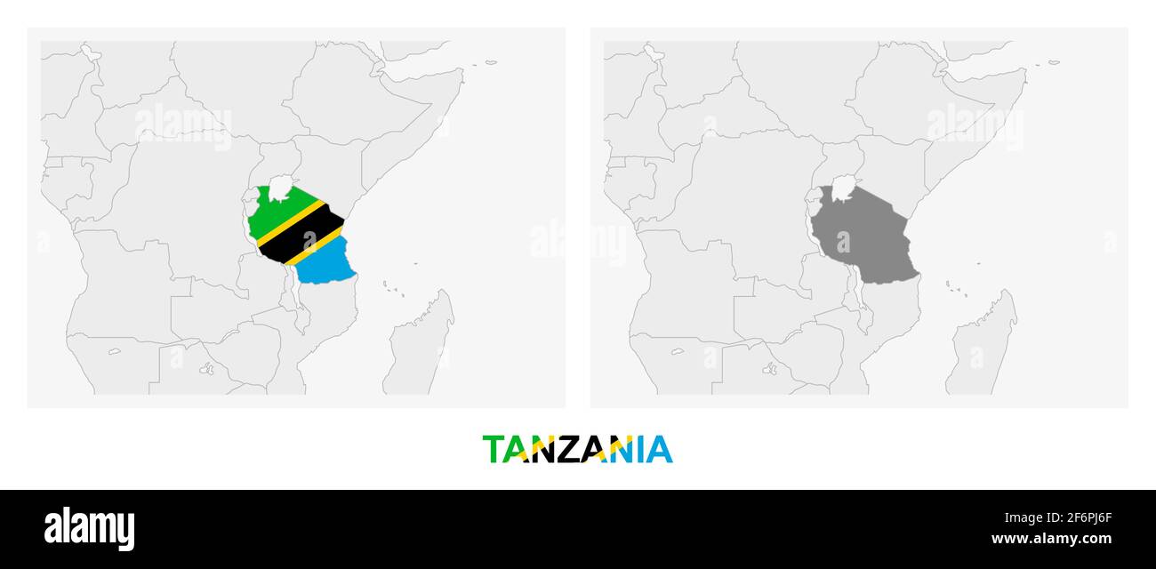Two versions of the map of Tanzania, with the flag of Tanzania and ...