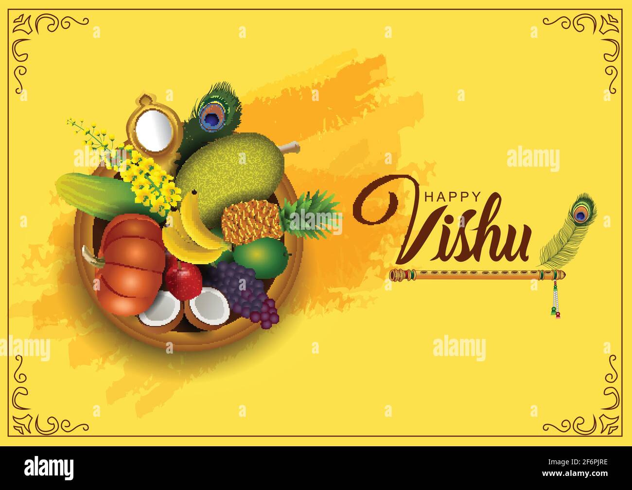 Happy Vishu greetings. April 14 Kerala festival with Vishu Kani, vishu flower Fruits and vegetables in a bronze vessel. vector illustration design Stock Vector