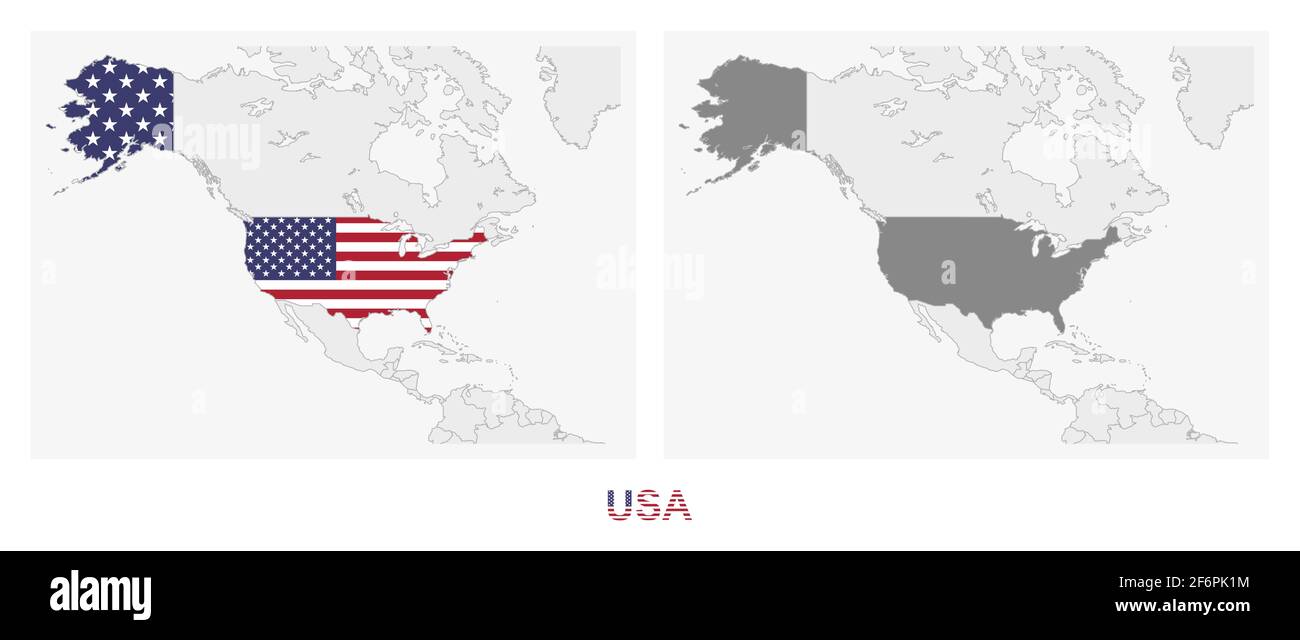 Two versions of the map of United States, with the flag of USA and ...
