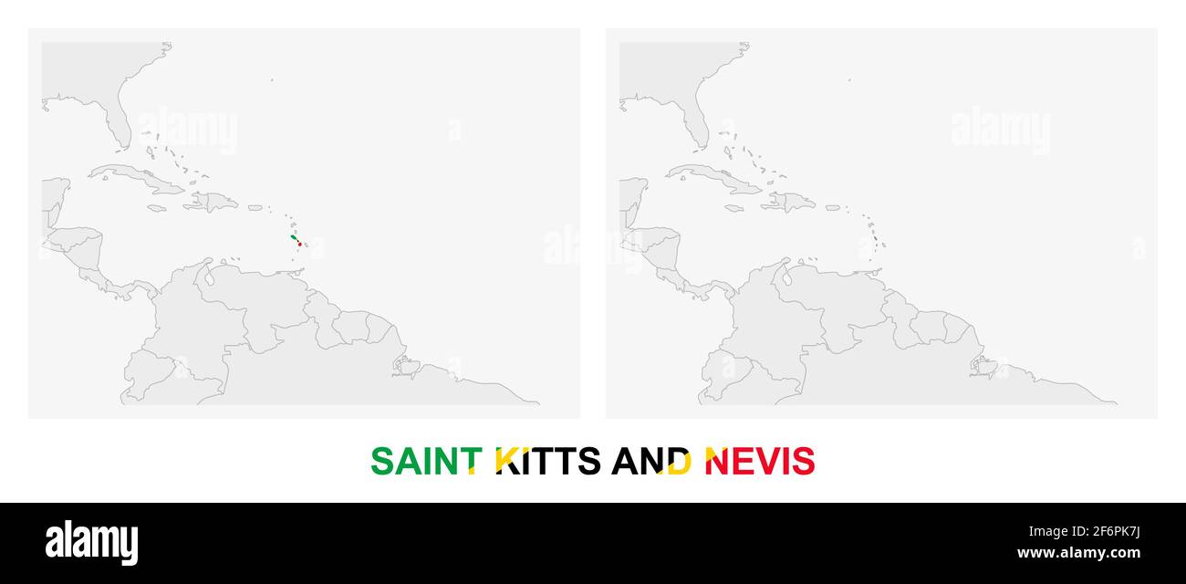 Two versions of the map of Saint Kitts and Nevis, with the flag of Saint Kitts and Nevis and