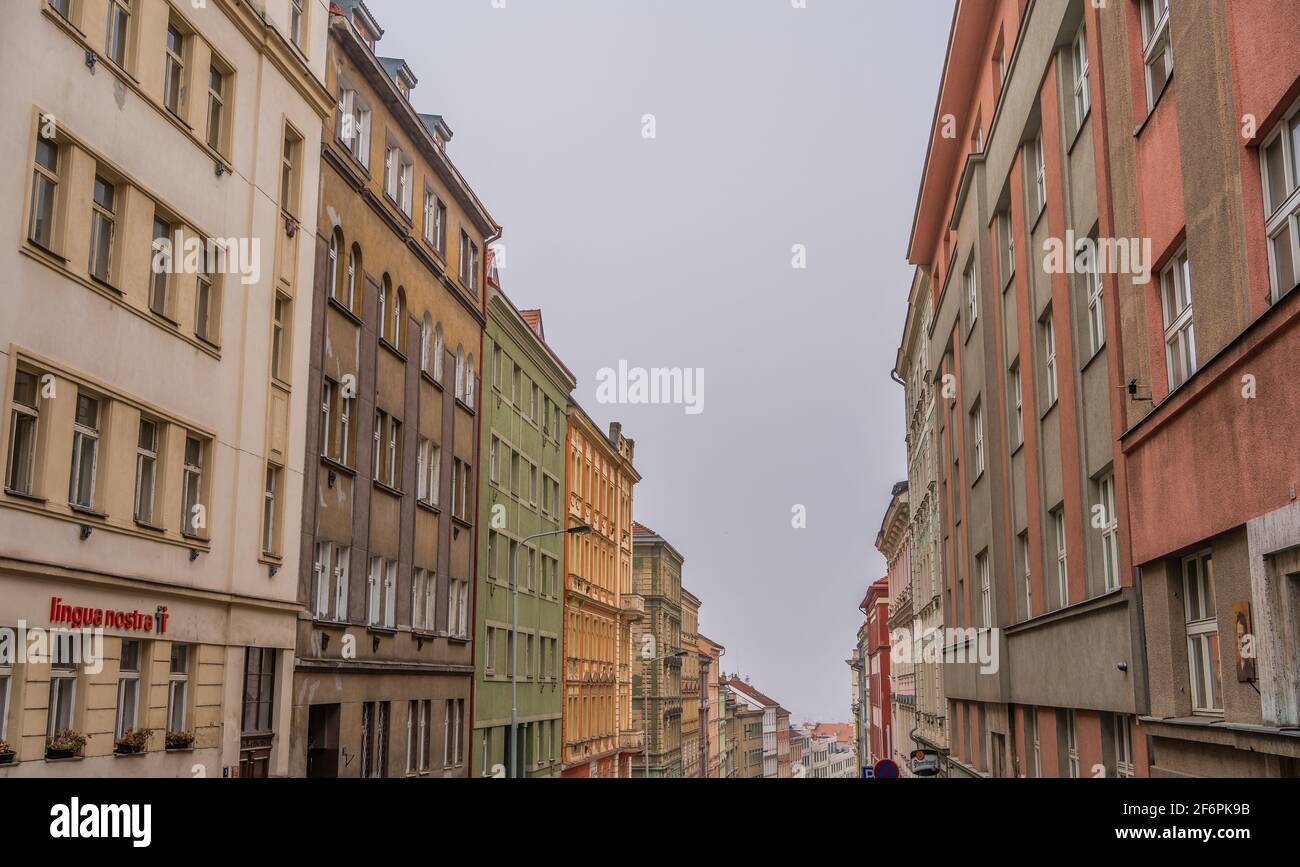 Row of old apartments buildings - late 19th and early 20th century - on Krasova street in the district of Zizkov, Prague, Czechia Stock Photo