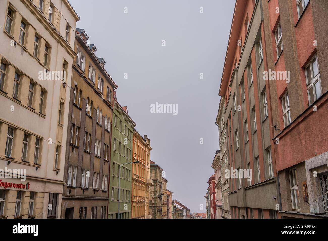 Row of old apartments buildings - late 19th and early 20th century - on Krasova street in the district of Zizkov, Prague, Czechia Stock Photo