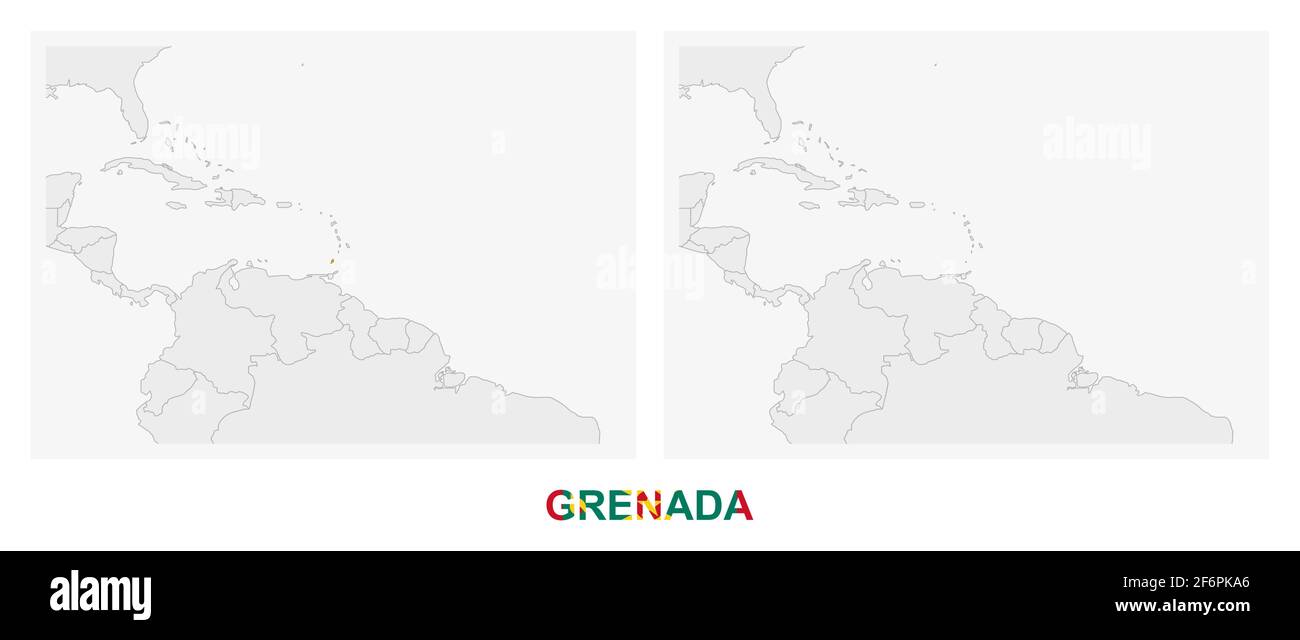 Two versions of the map of Grenada, with the flag of Grenada and highlighted in dark grey. Vector map. Stock Vector