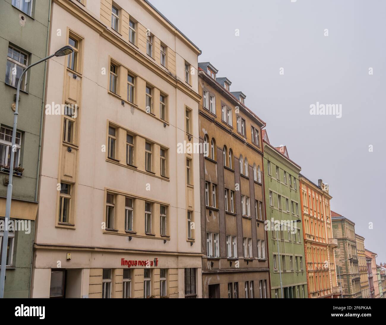 Row of old apartments buildings - late 19th and early 20th century - on Krasova street in the district of Zizkov, Prague, Czechia Stock Photo