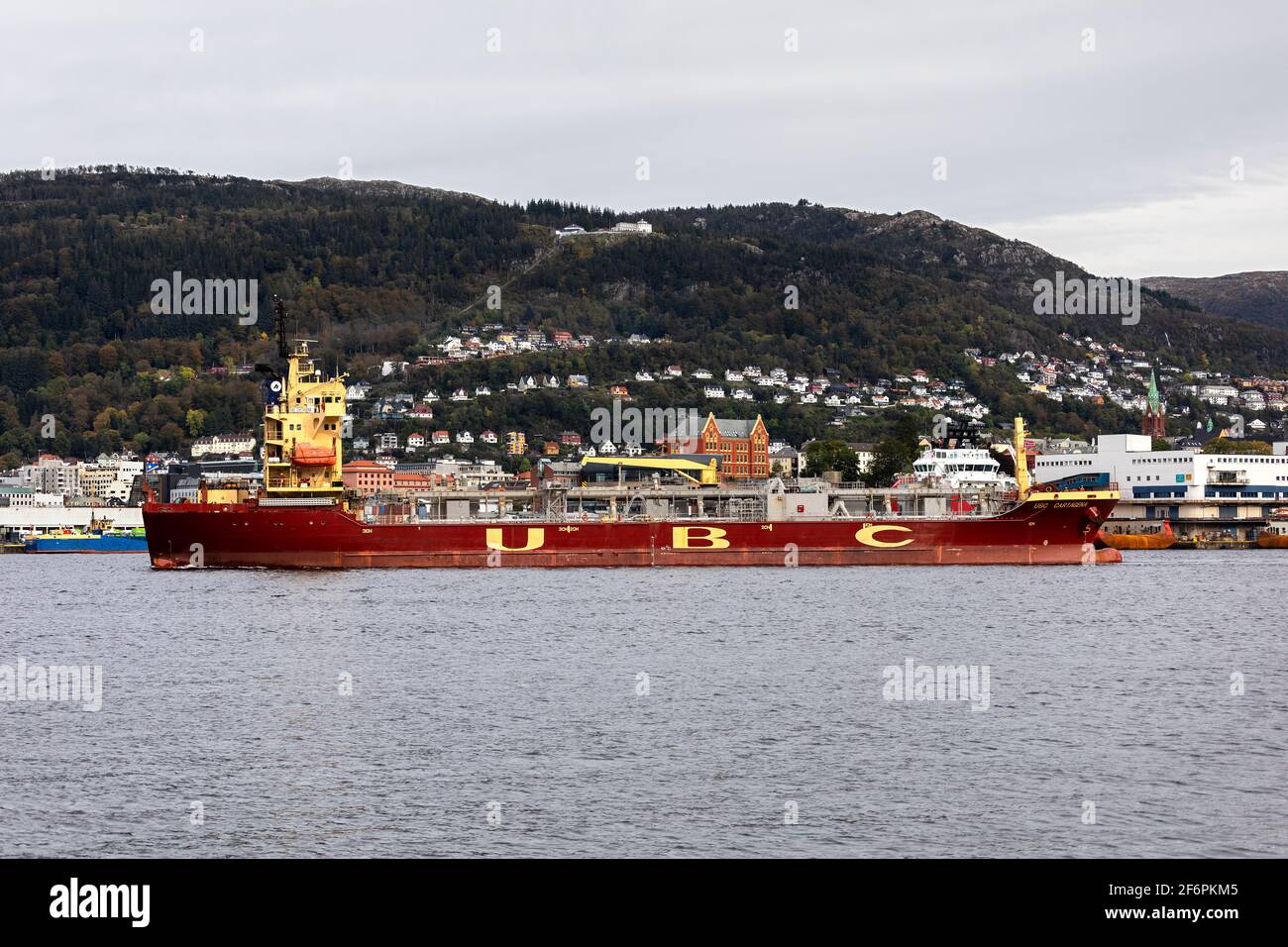 Pneumatic cement carrier UBC Cartagena in Puddefjorden, in the port of Bergen, Norway. Stock Photo