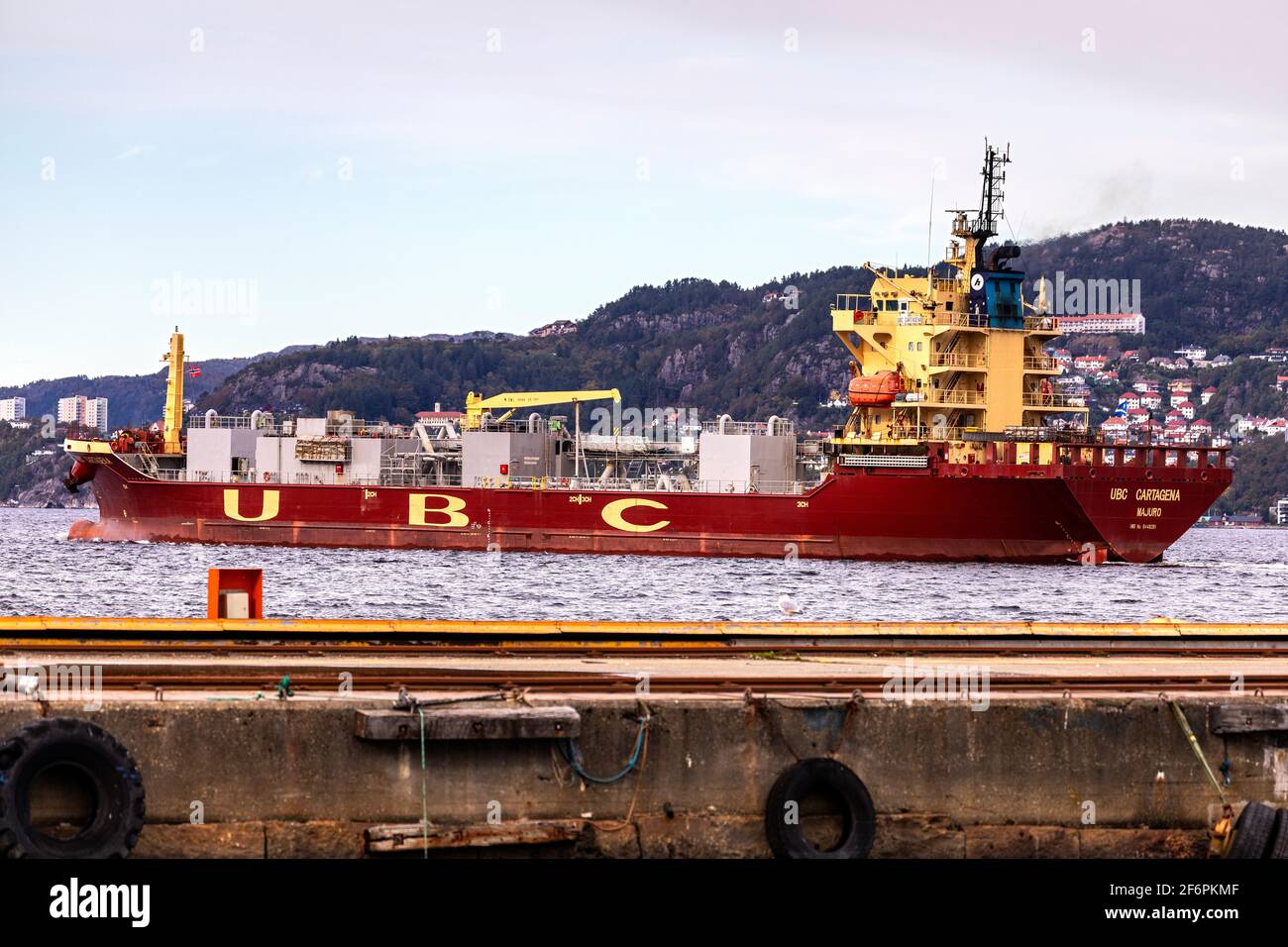 Pneumatic cement carrier UBC Cartagena in Puddefjorden, departing fromn the port of Bergen, Norway. Stock Photo