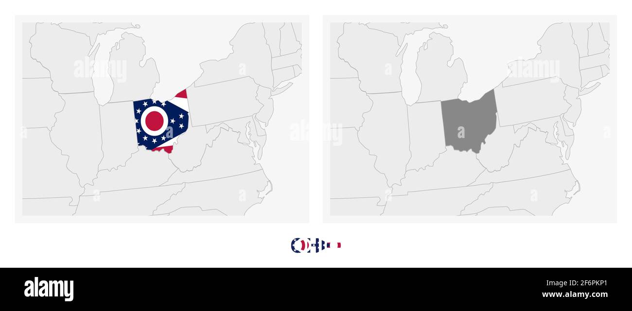 Two versions of the map of US State Ohio, with the flag of Ohio and ...