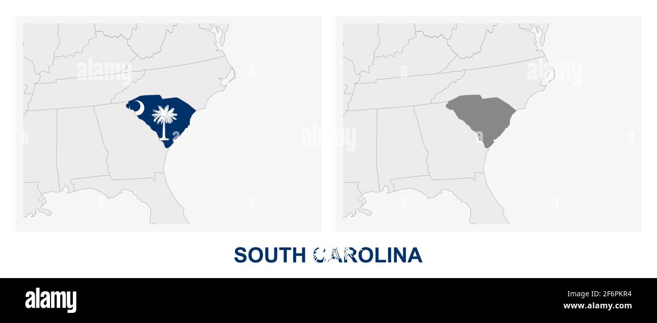 Two versions of the map of US State South Carolina, with the flag of ...