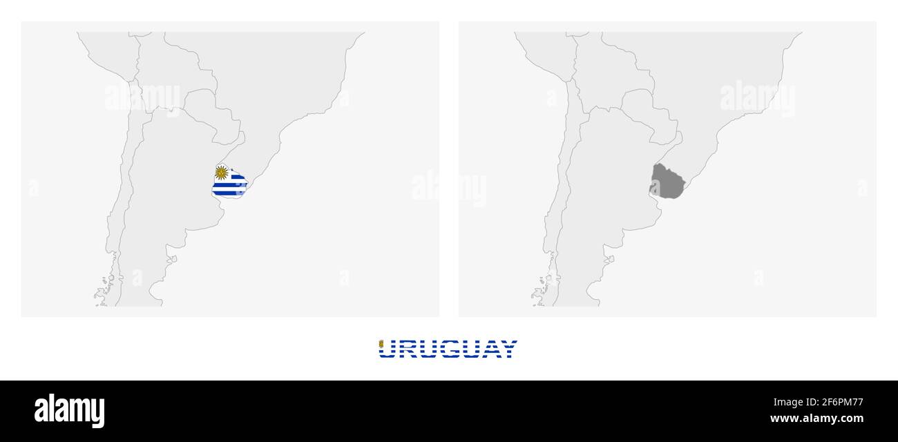 Two versions of the map of Uruguay, with the flag of Uruguay and highlighted in dark grey. Vector map. Stock Vector
