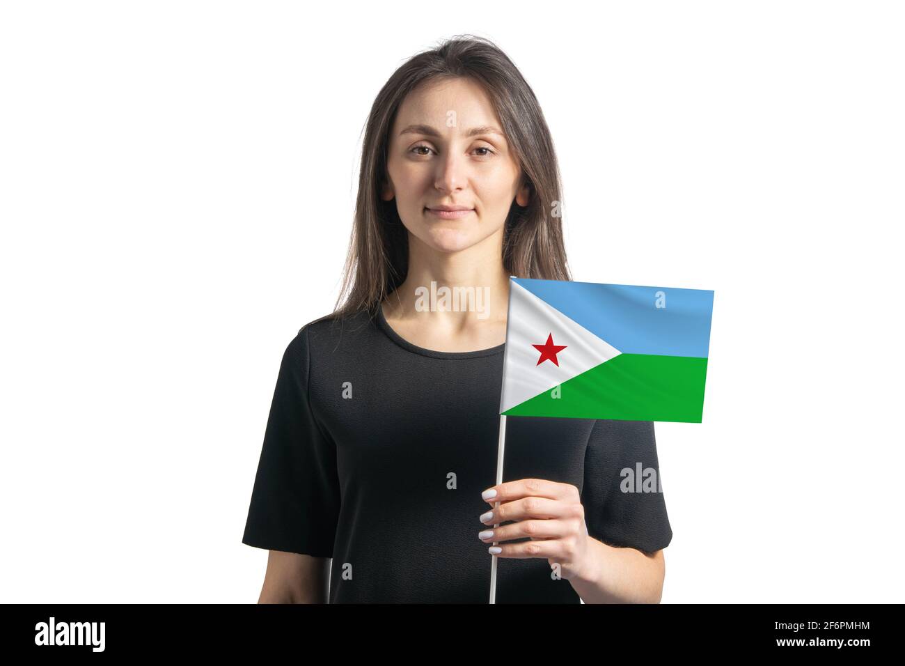Happy young white girl holding Djibouti flag isolated on a white background. Stock Photo