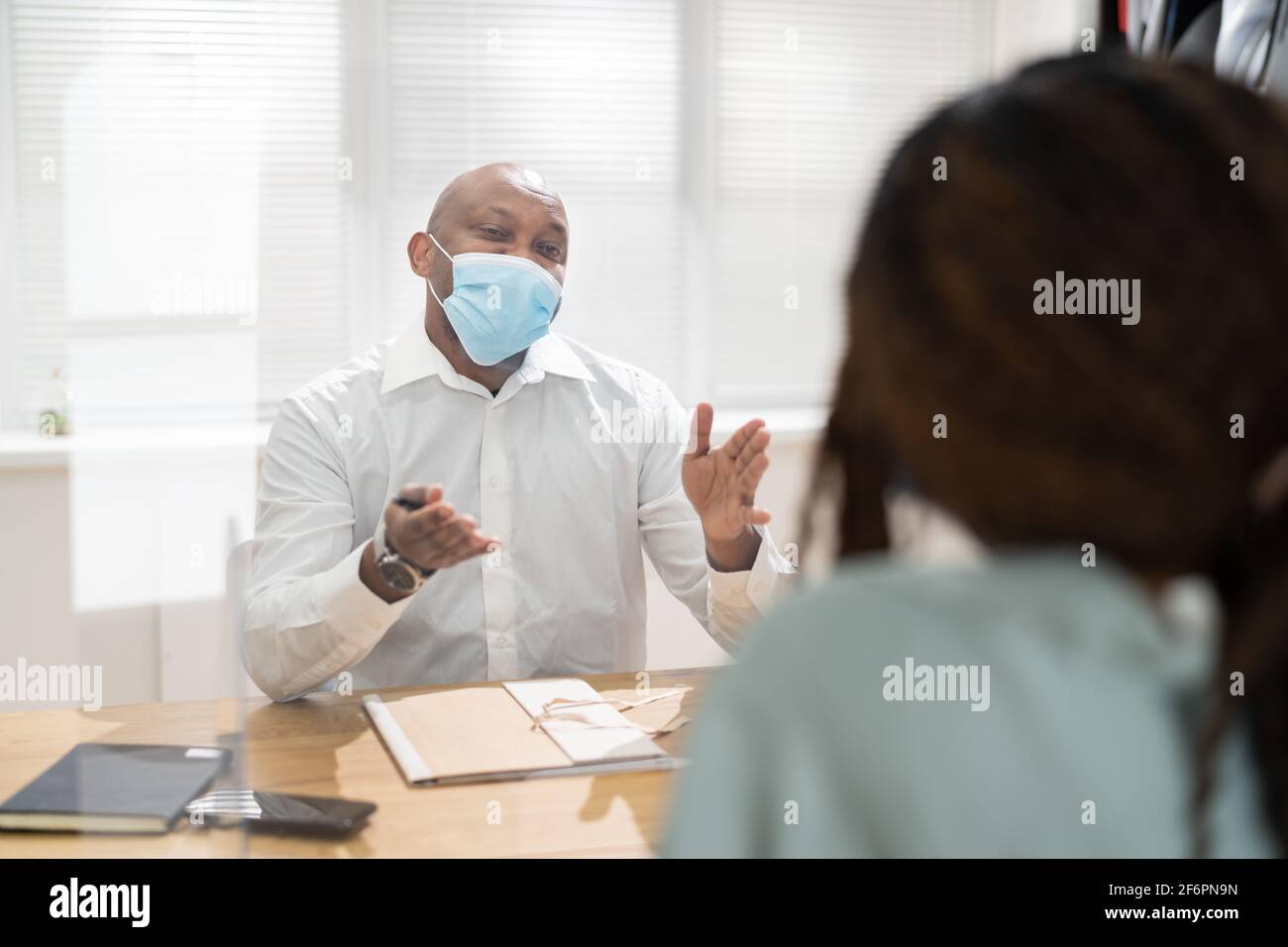 Job Interview Business Meeting At Law Office Wearing Face Mask Stock