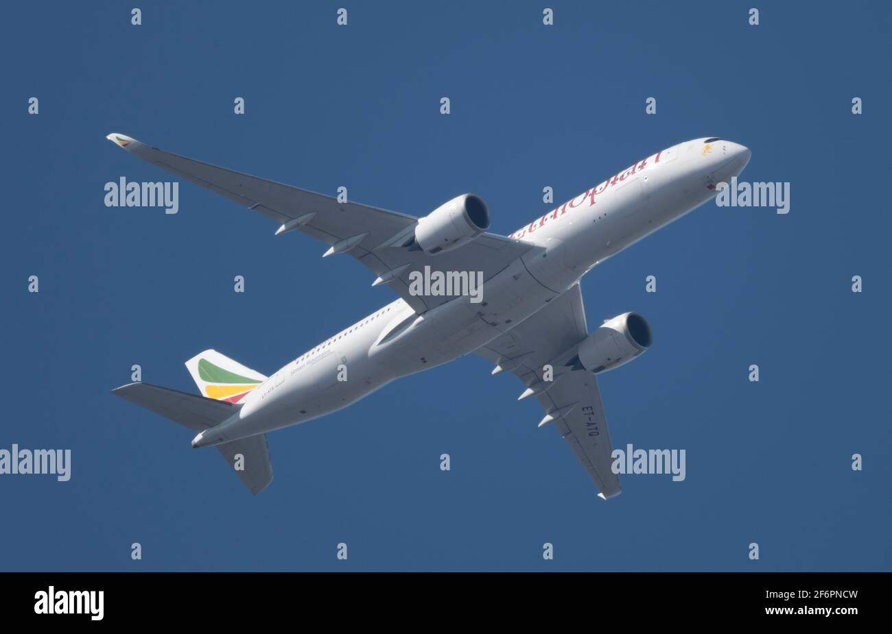 Ethiopian Airlines Airbus A350 leaves London Heathrow on 2 April 2021 Stock Photo