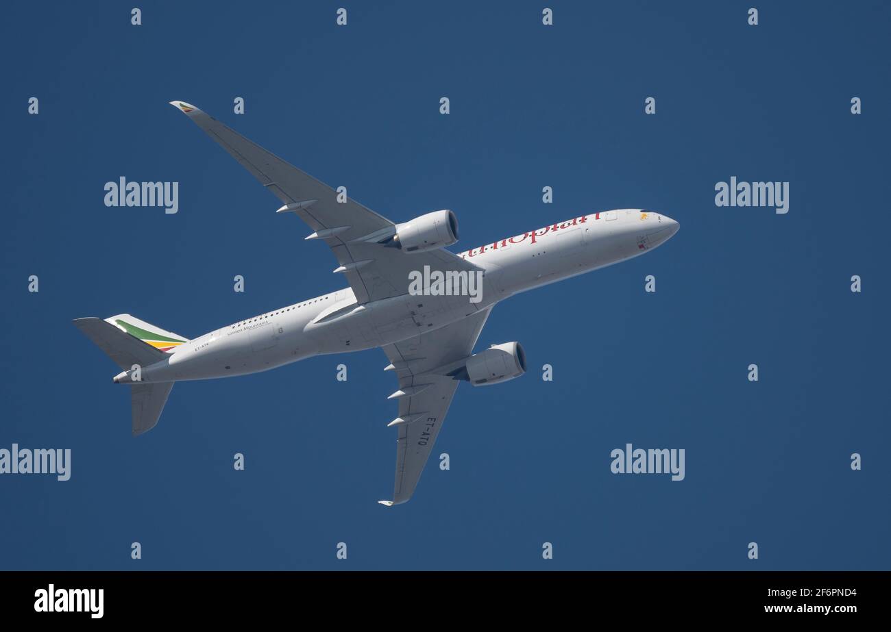 Ethiopian Airlines Airbus A350 leaves London Heathrow on 2 April 2021 Stock Photo