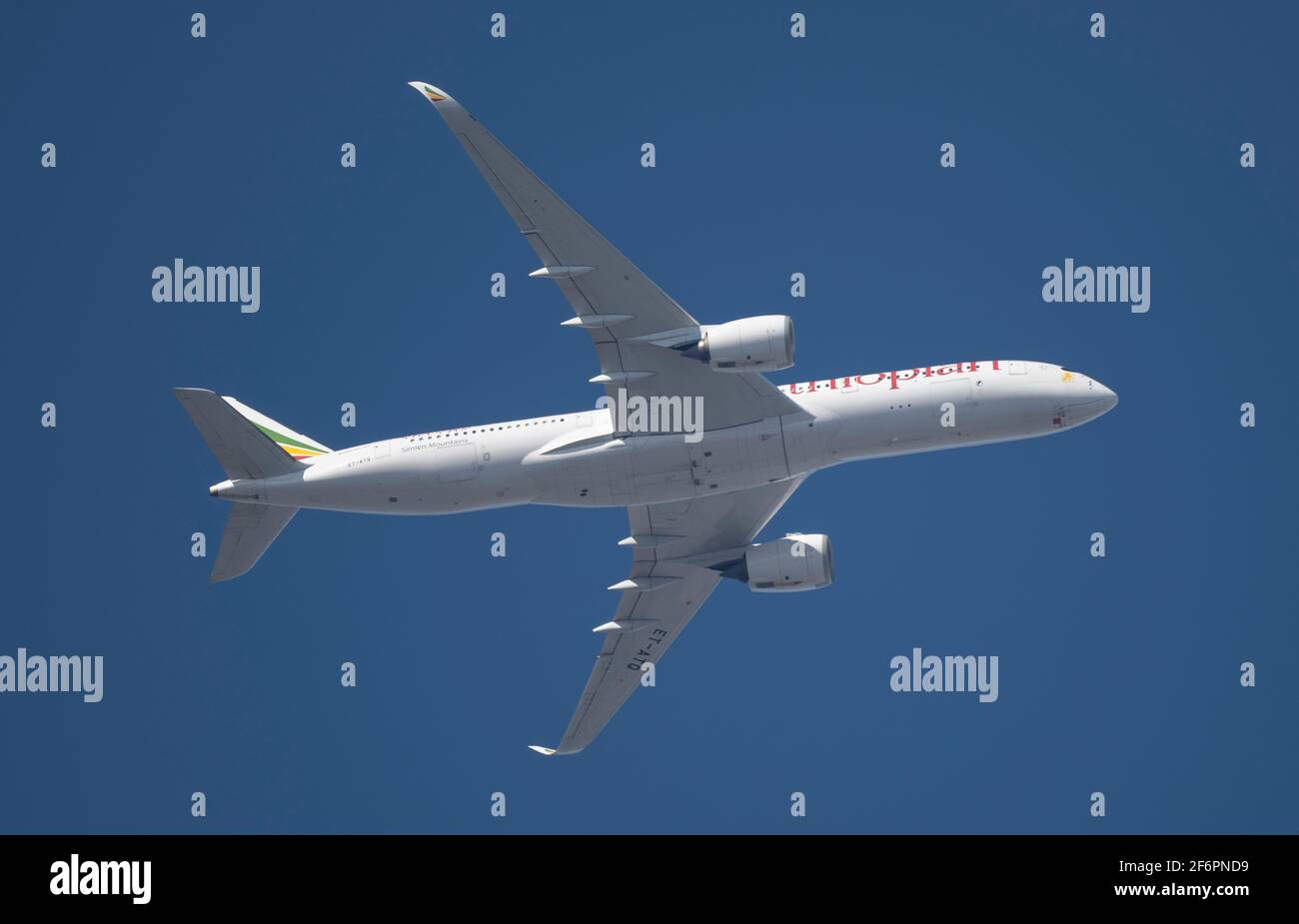 Ethiopian Airlines Airbus A350 leaves London Heathrow on 2 April 2021 Stock Photo