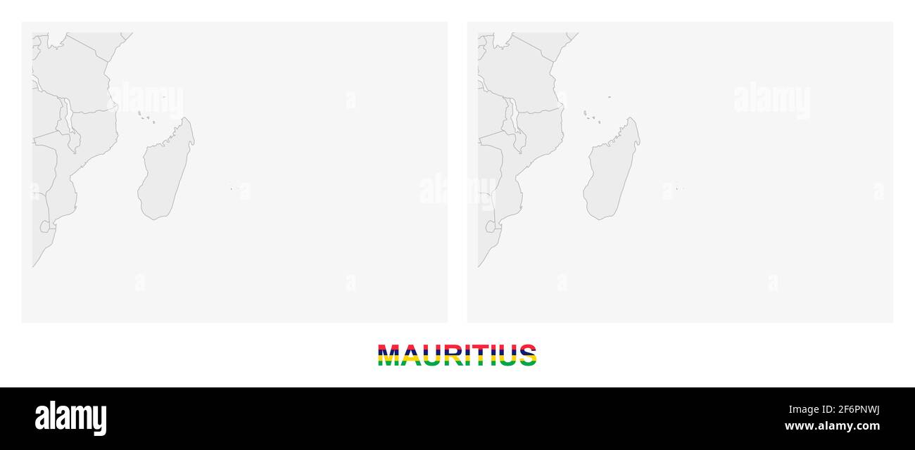 Two versions of the map of Mauritius, with the flag of Mauritius and highlighted in dark grey. Vector map. Stock Vector