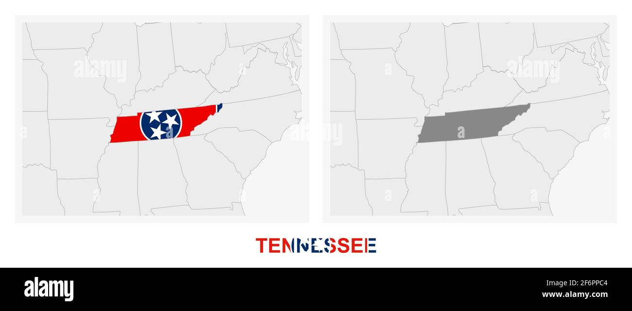 Two versions of the map of US State Tennessee, with the flag of Tennessee and highlighted in dark grey. Vector map. Stock Vector