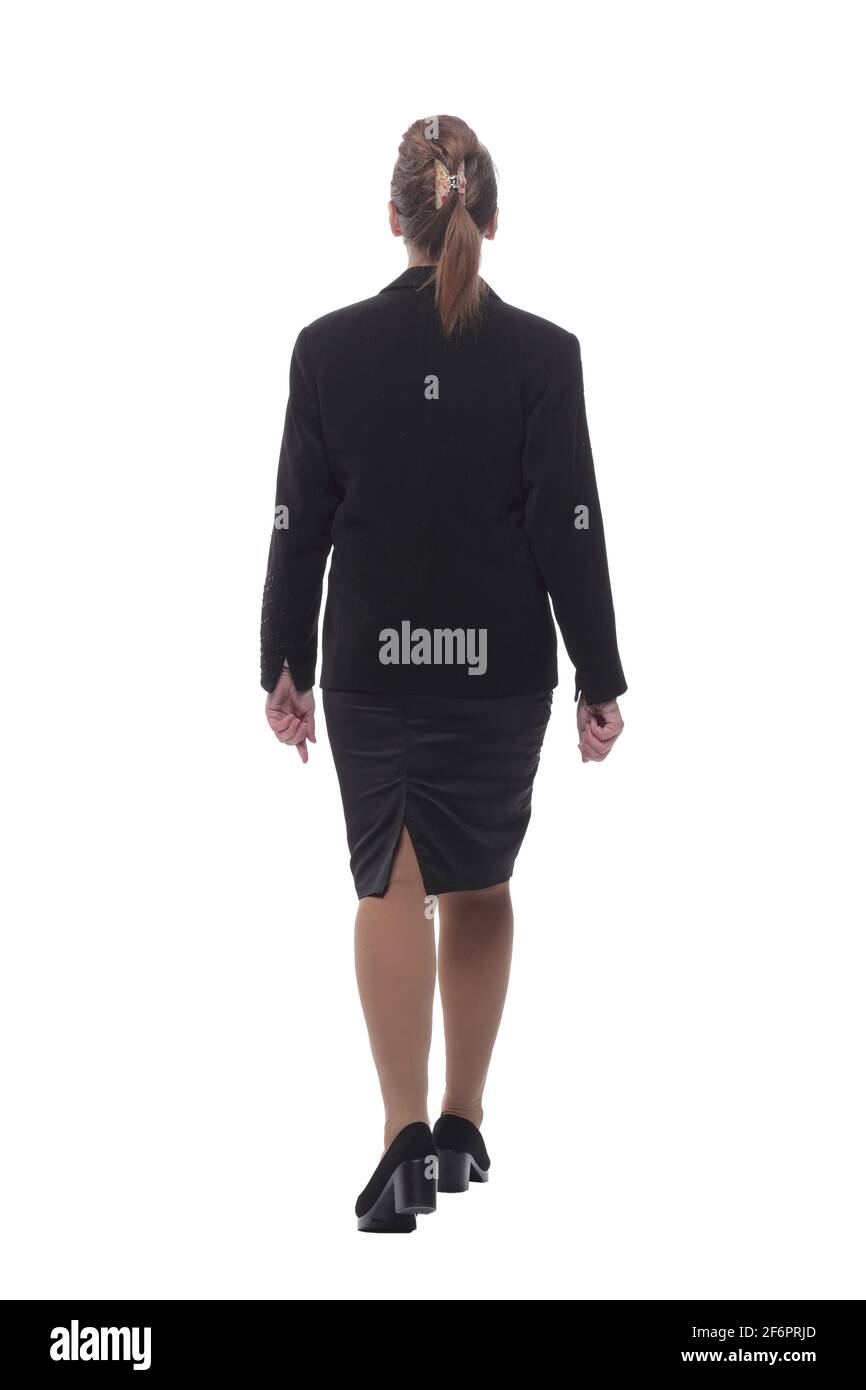 Back view of walking business woman in black suit Stock Photo - Alamy