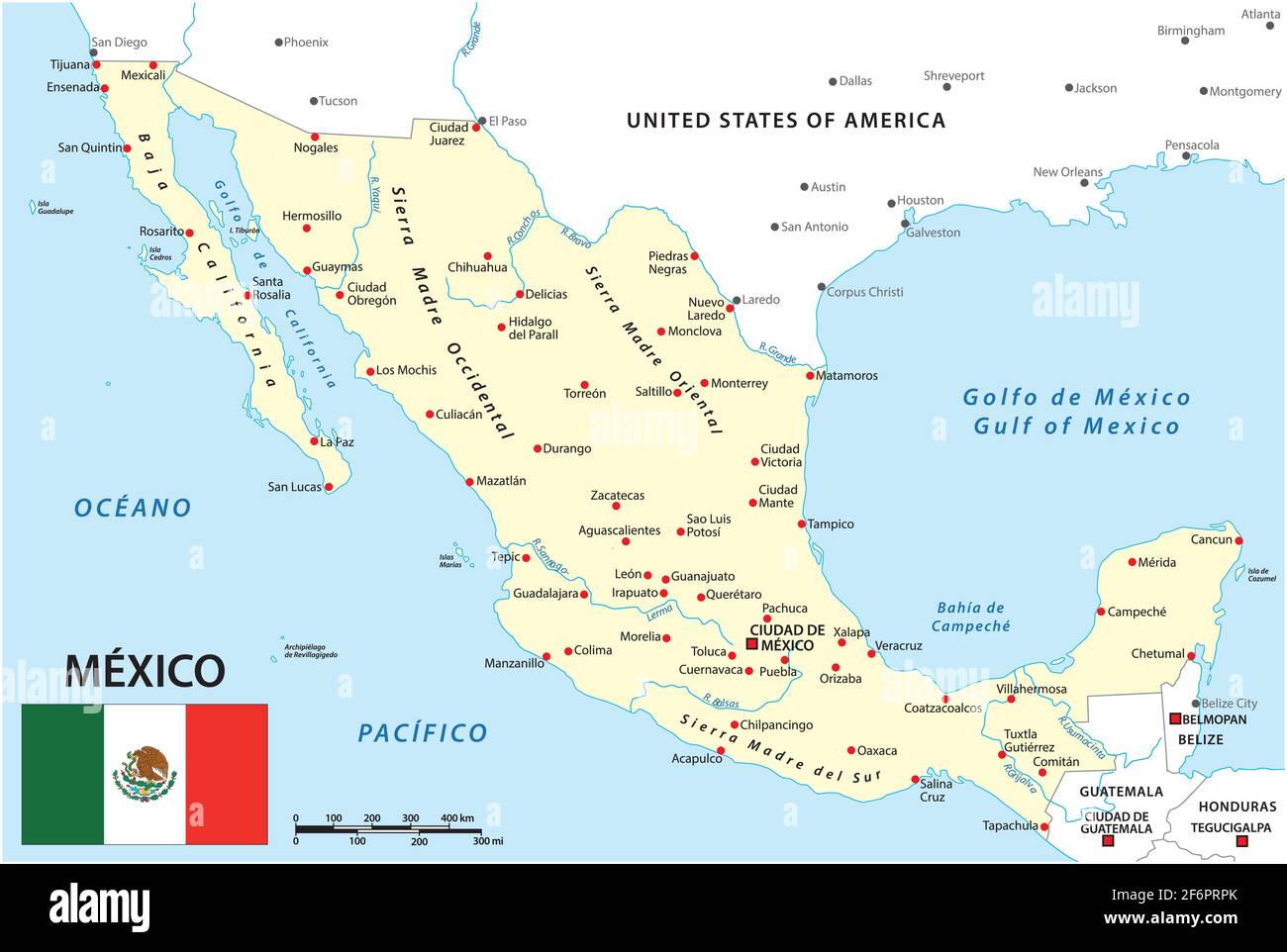Map of Mexico with national borders, main cities and rivers Stock Vector