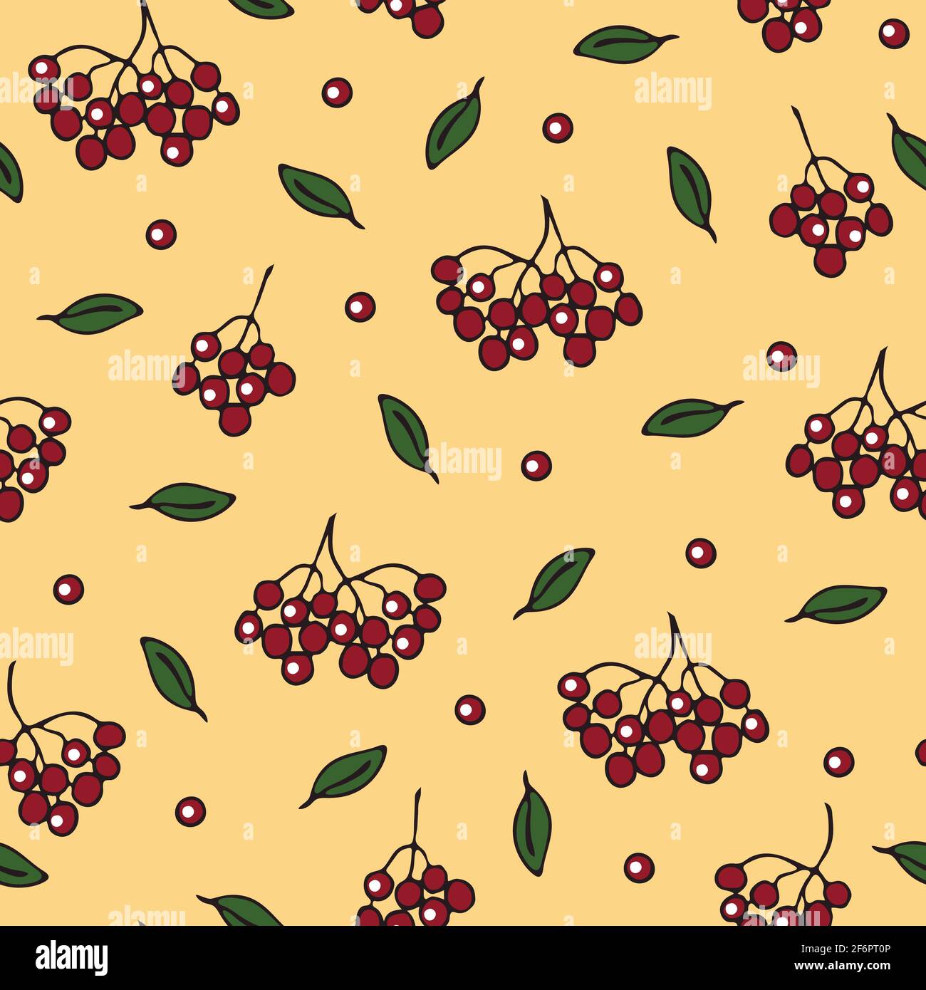 Seamless vector pattern with red berries on light pink background. Simple rowan and leaves wallpaper design. Stock Vector