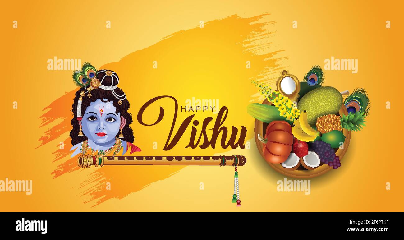 Happy Vishu greetings. April 14 Kerala festival with Vishu Kani, vishu flower Fruits and vegetables in a bronze vessel. vector illustration design Stock Vector