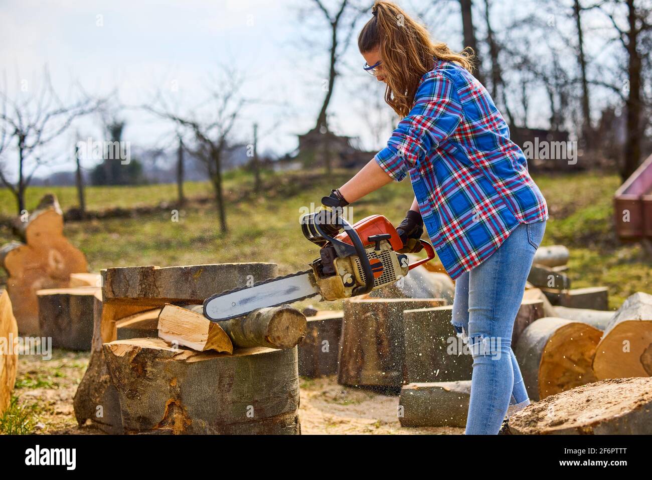 Young Woman using chainsaw to cut a log for firewood Stock Photo Alamy