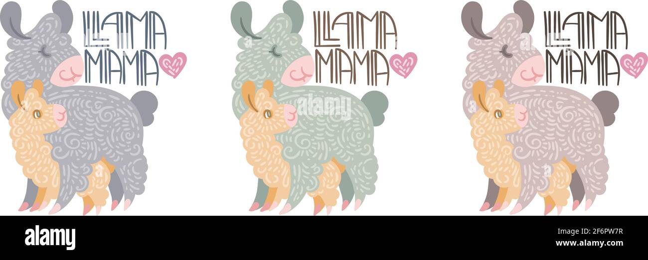 Llama Mama. Set of cute curly llamas mom with baby. Illustration with