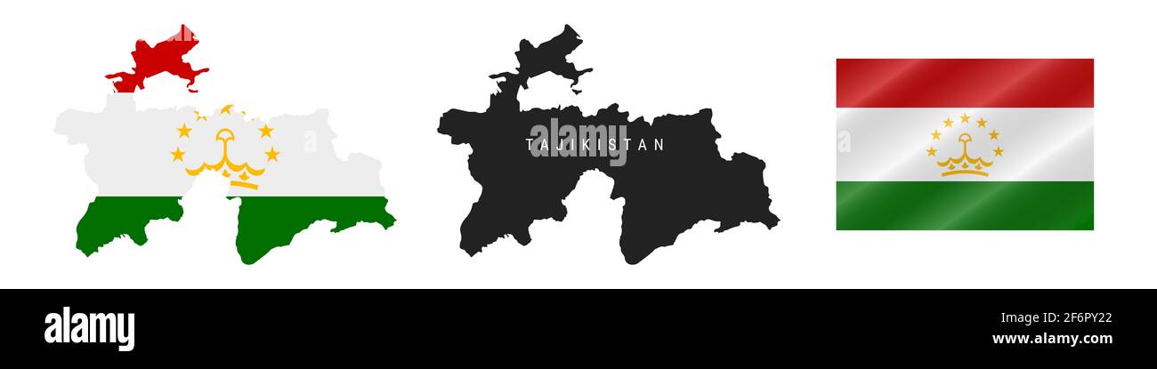 Tajikistan. Map with masked flag. Detailed silhouette. Waving flag. illustration isolated on white. Stock Photo